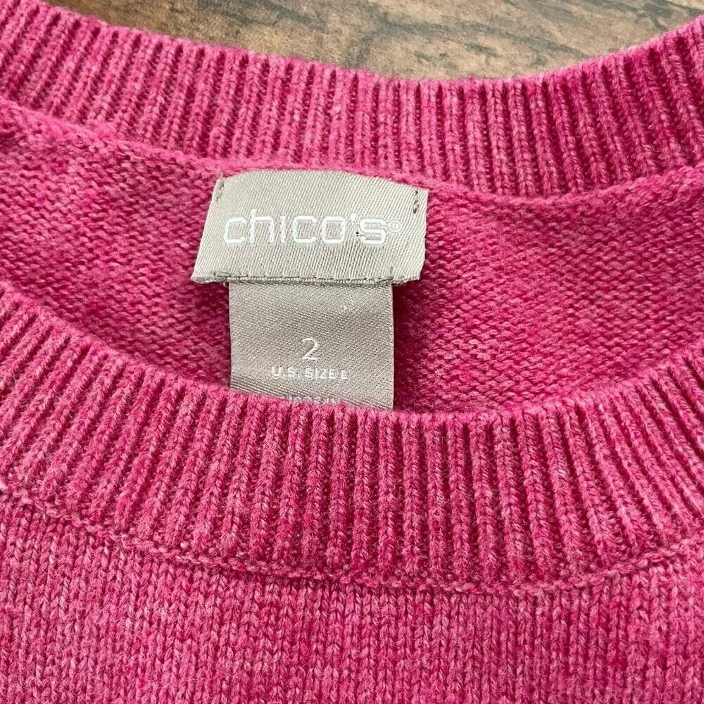 Chicos Womens Sweater Sz 2 Large Pink Wool Cashmere Blend Knit Peace Love Chic